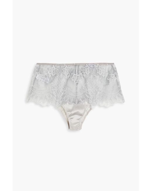 I.D Sarrieri White Embroidered Tulle-paneled Satin High-rise Briefs