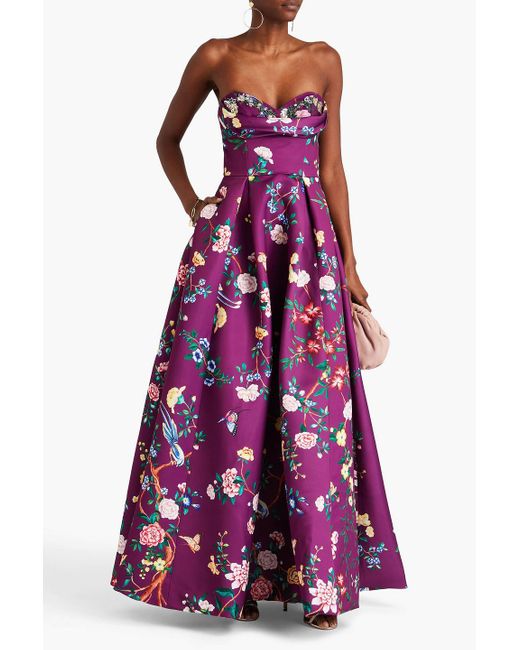 Marchesa Purple Strapless Embellished Floral Print Satin Gown