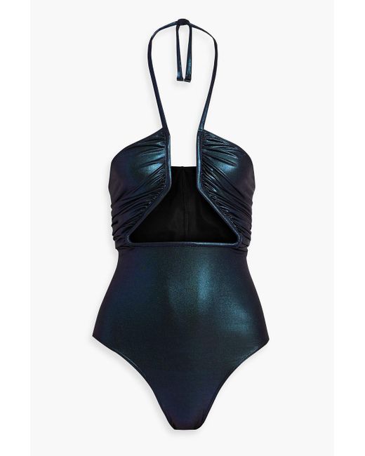 Rick Owens Blue Prong Ruched Iridescent-effect Halterneck Swimsuit
