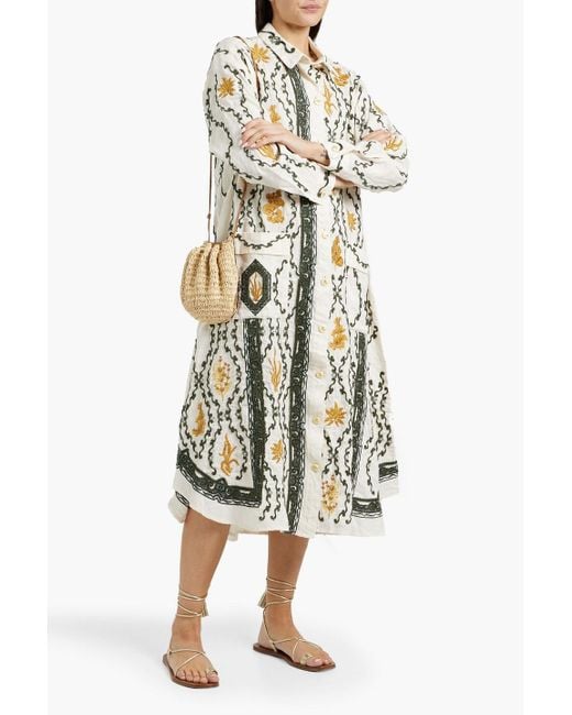 Agua Bendita White Frida Calado Embroidered Linen Midi Shirt Dress