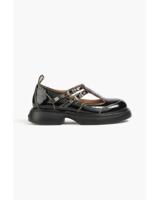 Ganni Black Buckled Glossed Mary Jane Flats
