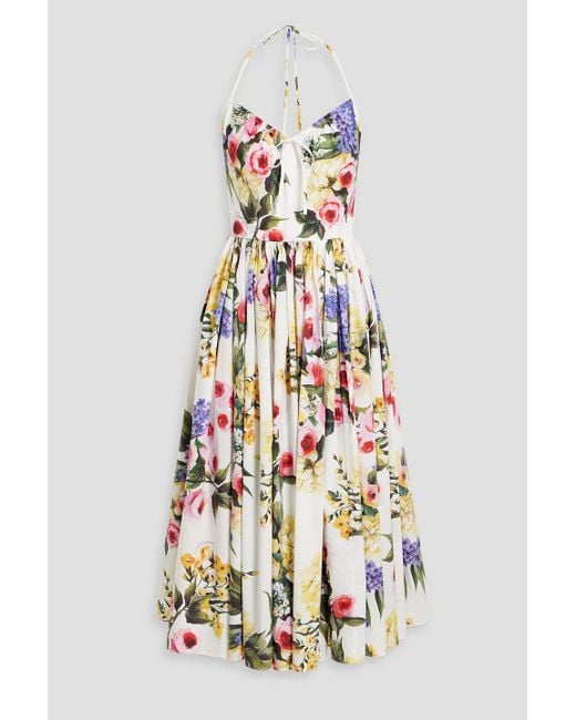 Dolce & Gabbana White Floral-Print Cotton-Poplin Halterneck Midi Dress