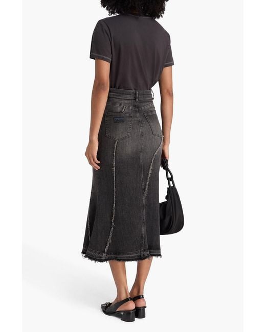 Ganni Black Frayed Denim Midi Skirt