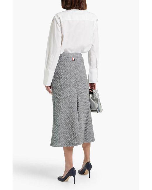 Thom Browne Gray Striped Shell-Paneled Frayed Cotton-Blend Tweed Midi Skirt