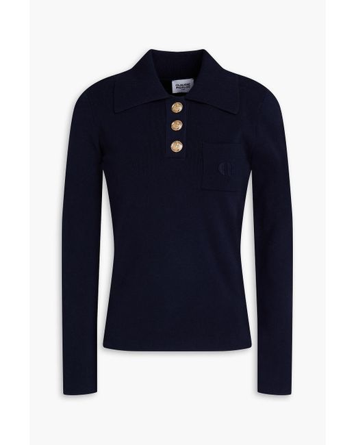 Claudie Pierlot Blue Embroidered Ribbed Cotton-blend Polo Sweater