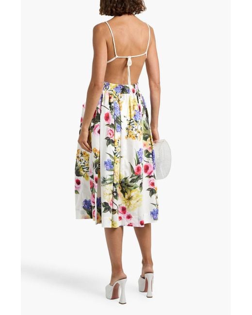 Dolce & Gabbana White Pleated Floral-Print Cotton-Poplin Midi Skirt