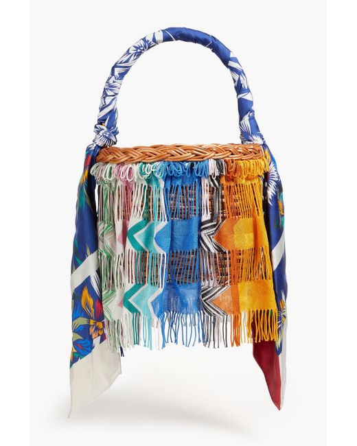 Missoni Blue Fringed Crochet-knit And Straw Bucket Bag