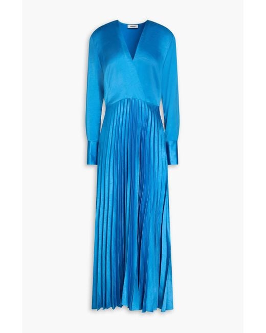 Sandro Blue Pleated Crinkled-satin Maxi Dress