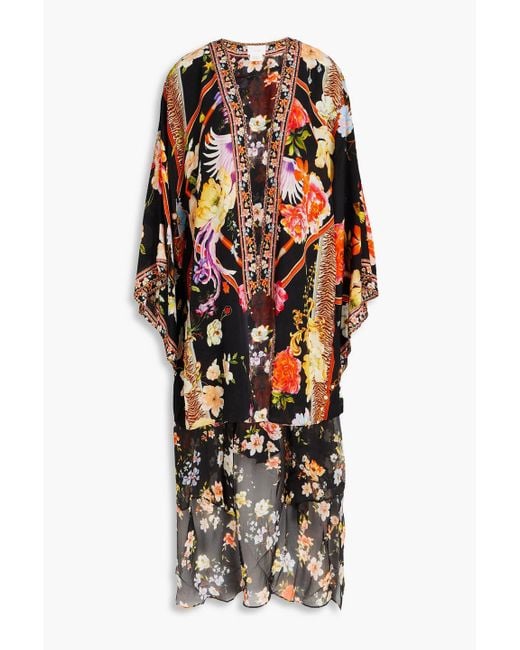 Camilla Black Crystal-Embellished Floral-Print Crepe And Silk-Chiffon Kimono