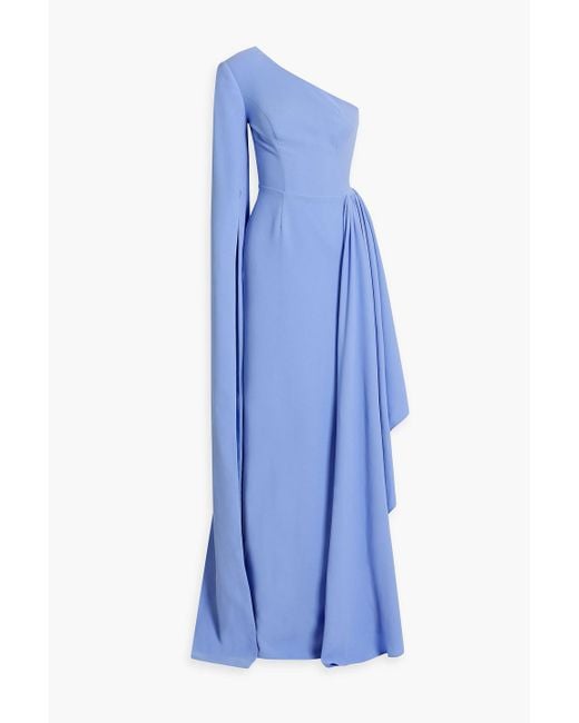 Rhea Costa Blue One-shoulder Draped Crepe Gown