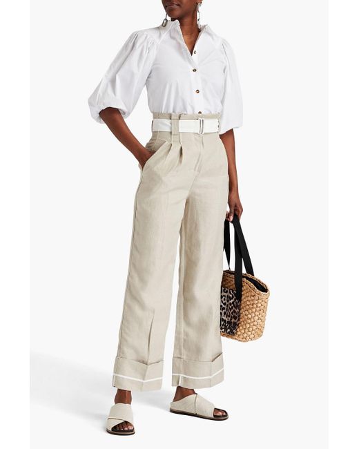 Ganni White Belted Pleated Linen Wide-leg Pants