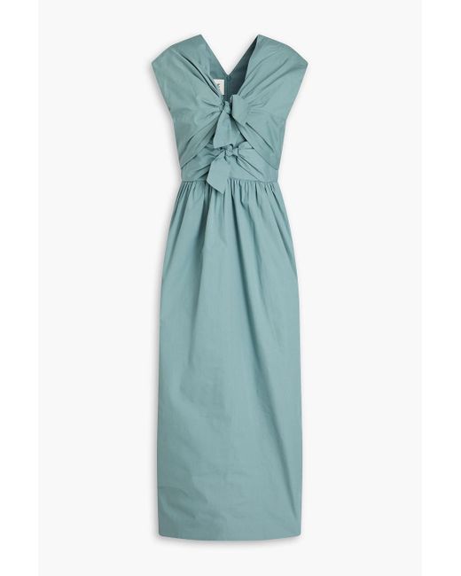 TOVE Blue Bow-embellished Gathered Organic Cotton-poplin Midi Dress