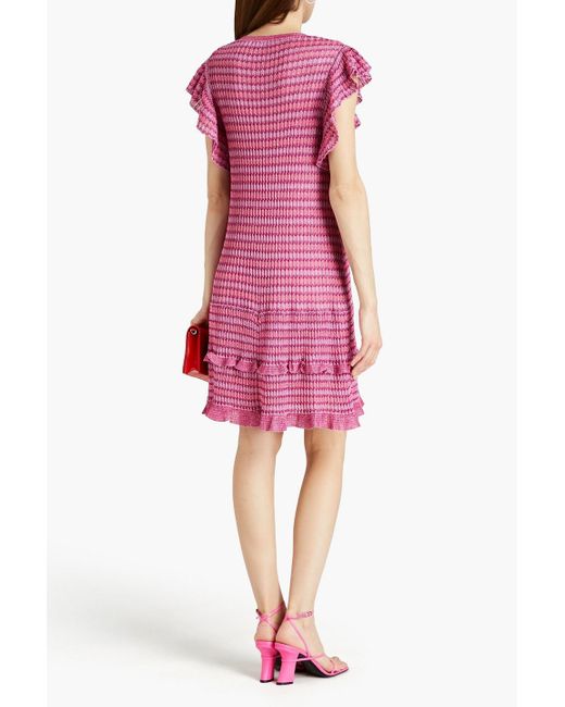 RED Valentino Pink Ruffled Striped Ribbed-knit Mini Dress