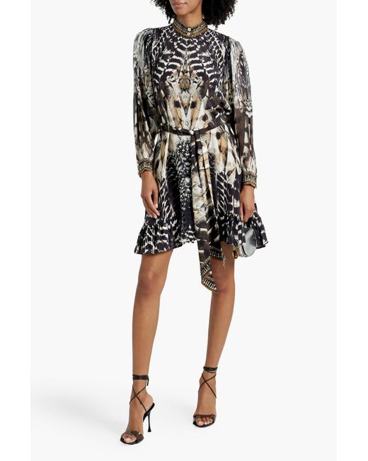 Camilla Black Crystal-embellished Printed Silk Crepe De Chine And Chiffon Mini Dress