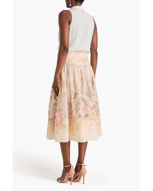 Zimmermann Orange Floral-Print Linen And Silk-Blend Organza Midi Skirt