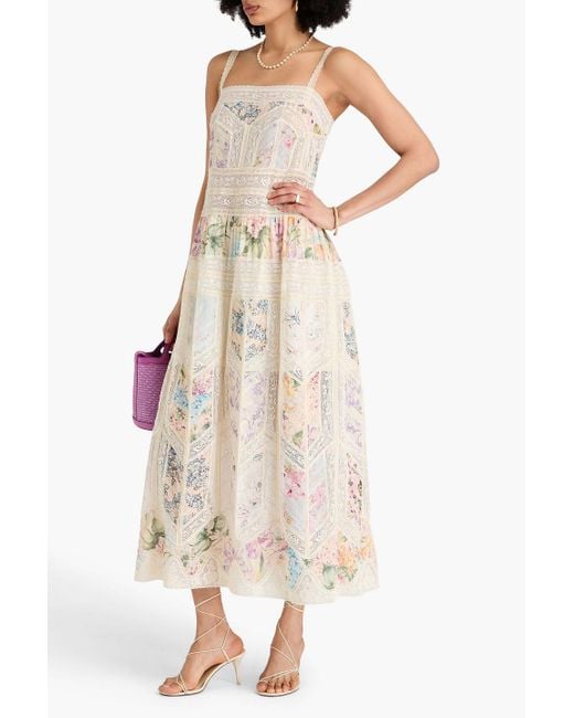Zimmermann Natural Floral-print Lace-paneled Cotton-voile Midi Dress
