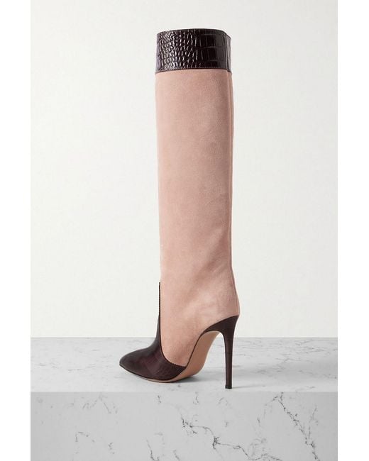Paris Texas Black Croc-Effect Leather-Trimmed Suede Knee-High Boots