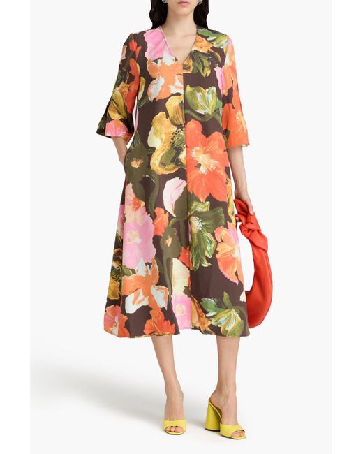 Stine Goya Orange Vic Floral-Print Seersucker Midi Dress