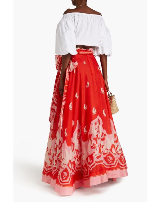 Zimmermann Red Printed Linen And Silk-blend Maxi Skirt
