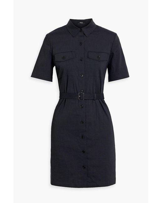 Theory Blue Linen-blend Mini Shirt Dress