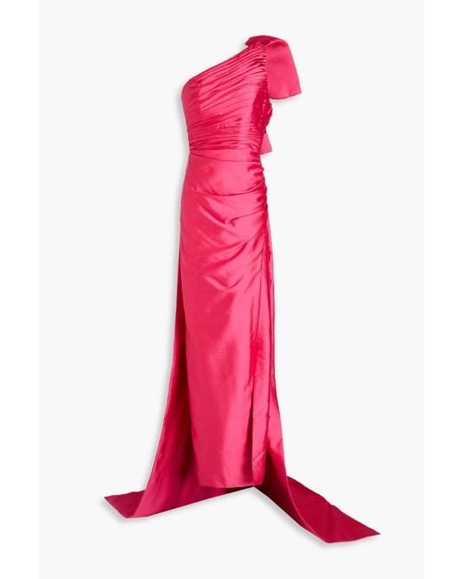 Rachel Gilbert Pink Marta One-shoulder Bow-detailed Satin Gown