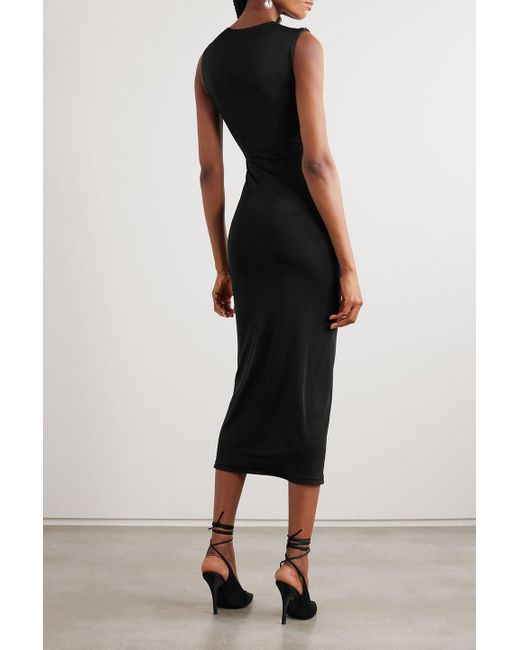 16Arlington Black Venza Twist-Front Crystal-Embellished Glossed-Jersey Midi Dress