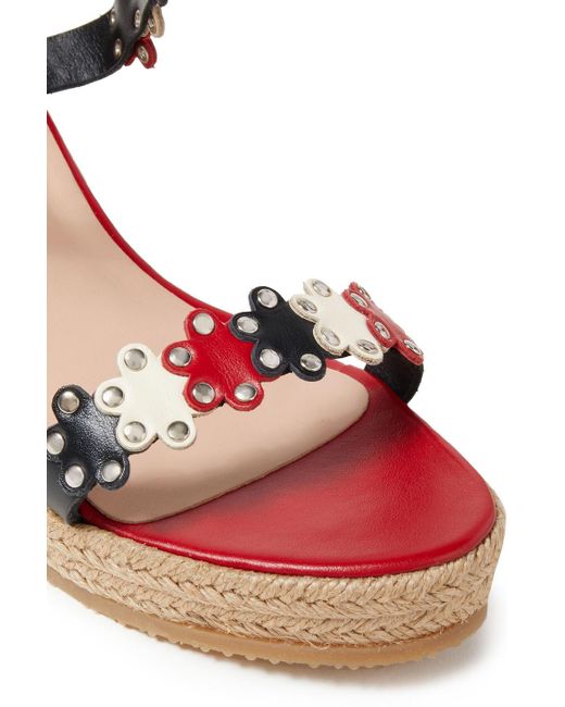 Red(v) Metallic Flower Puzzle Studded Laser-cut Leather Espadrille Wedge Sandals