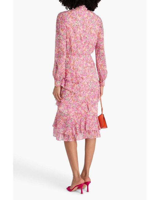 Saloni Pink Isa Ruffled Floral-Print Silk-Chiffon Midi Dress