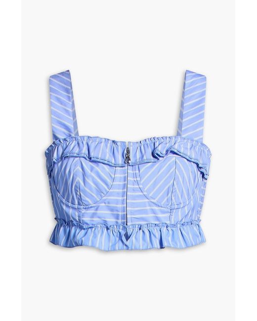 Sandro Blue Cropped Ruffled Striped Poplin Bustier Top