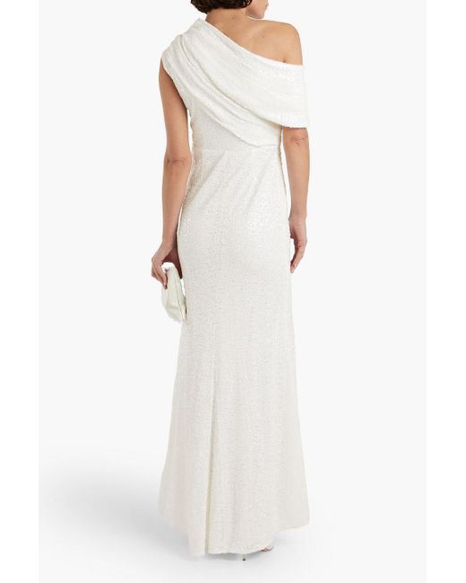 Badgley Mischka White One-shoulder Draped Sequined Tulle Gown
