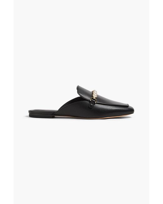 Stuart Weitzman Black Perla Faux Pearl-Embellished Leather Slippers