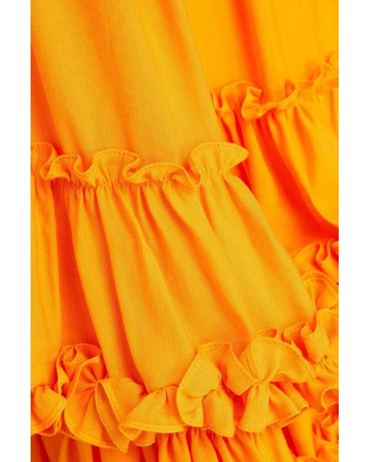 Costarellos Yellow Tiered Cutout Linen Dress