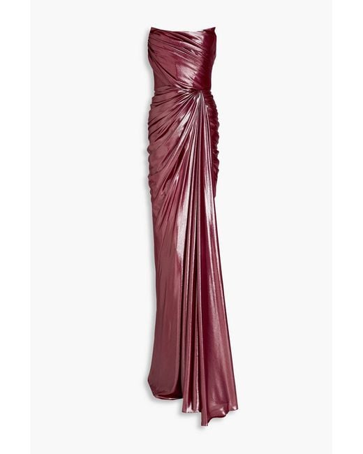 Rhea Costa Red Strapless Draped Lamé Gown