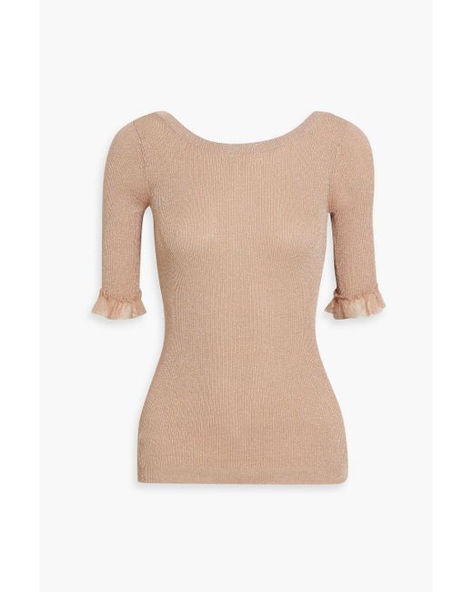 RED Valentino White Point D'esprit-trimmed Metallic Ribbed-knit Top