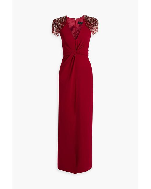 Jenny Packham Red Embellished Twist-front Crepe Gown