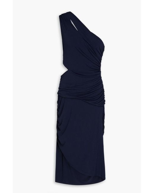 Hervé Léger Blue One-shoulder Draped Cutout Jersey Midi Dress