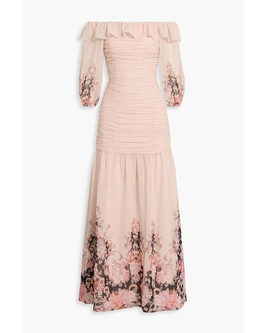 Mikael Aghal Pink Off-The-Shoulder Ruched Floral-Print Chiffon Maxi Dress