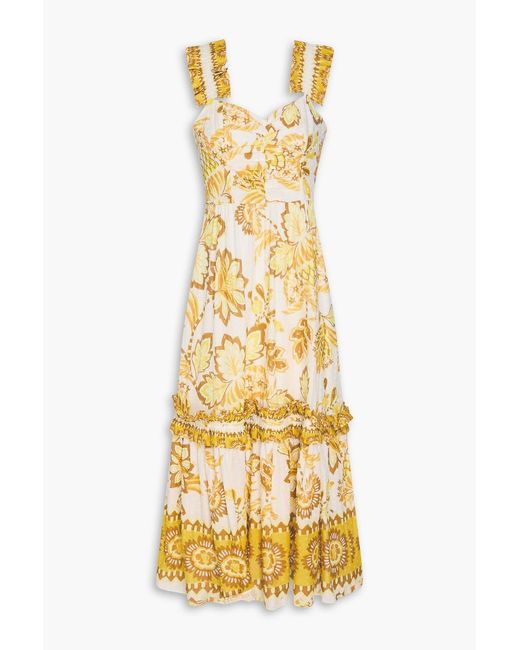Farm Rio Metallic Ruffled Floral-Print Swiss-Dot Cotton Midi Dress