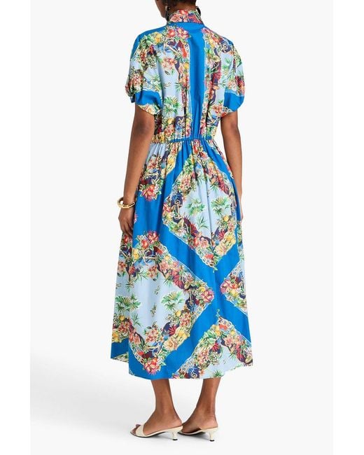 Maje Blue Pleated Floral-Print Cotton-Poplin Midi Shirt Dress
