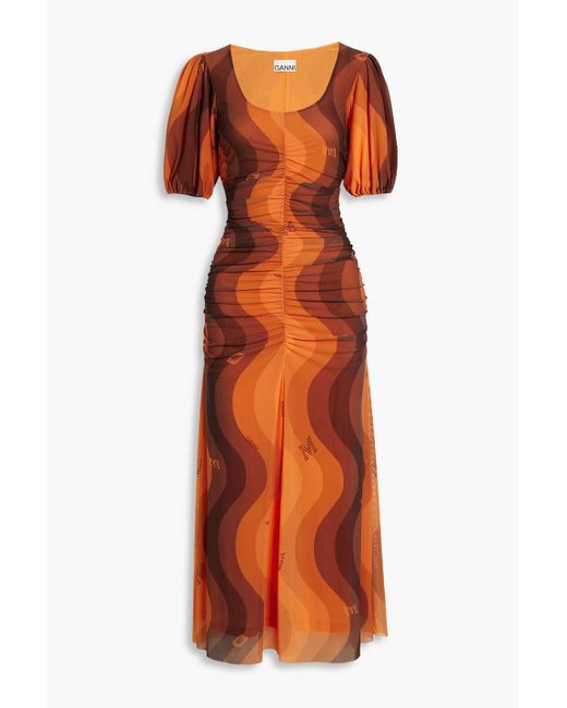 Ganni Orange Ruched Printed Stretch-mesh Midi Dress