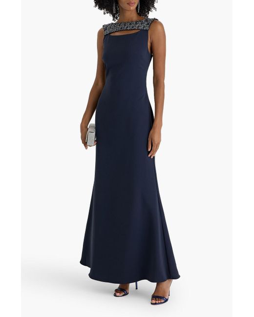 Badgley Mischka Blue Cutout Embellished Crepe Gown