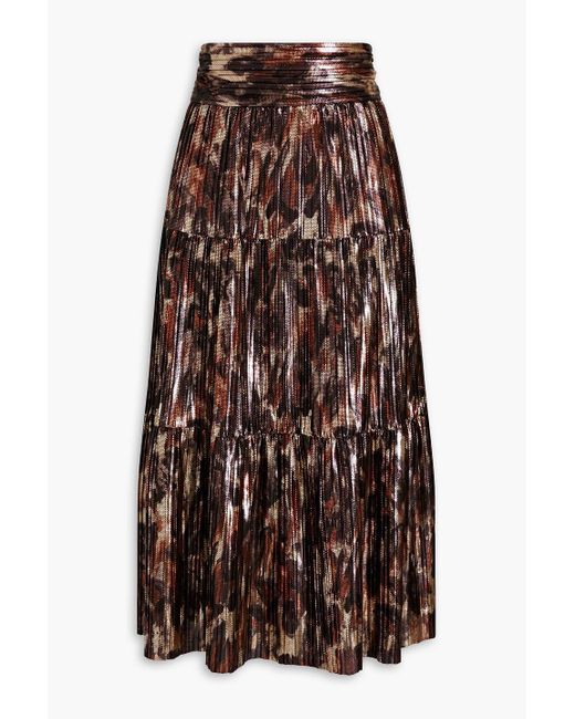 Ba&sh Brown Poly Pleated Printed Satin Midi Skirt
