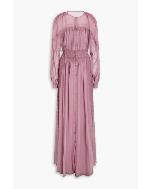 Alberta Ferretti Pink Gathered Silk-chiffon And Lace Gown