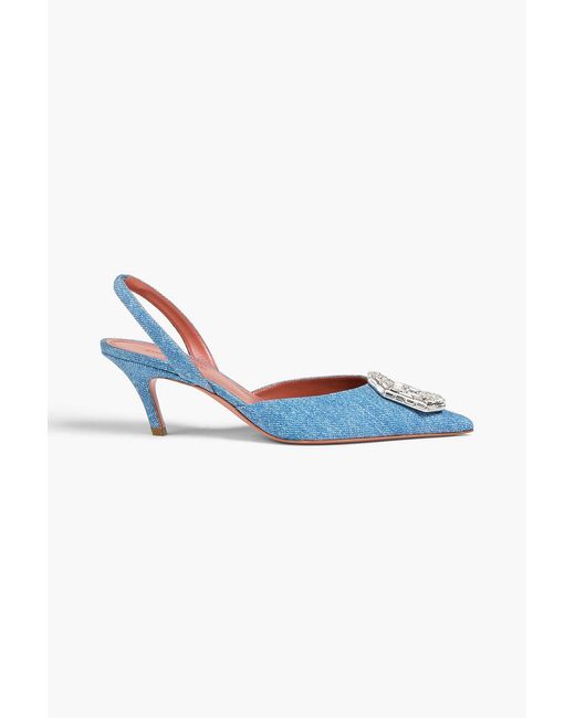 AMINA MUADDI Blue Camelia Embellished Denim-effect Print Leather Slingback Pumps