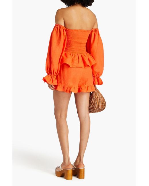 Sleeper Orange Atlanta Off-The-Shoulder Ruffled Linen Mini Dress