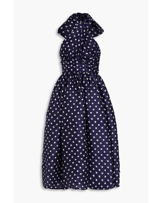 Zimmermann Blue Polka-dot Linen And Silk-blend Halterneck Midi Dress