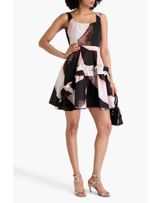 McQueen White Ruffled Printed Cotton Mini Dress