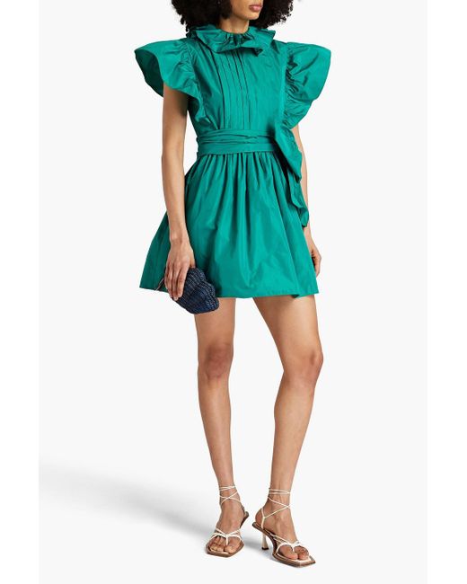 Alberta Ferretti Green Ruffled Pintucked Taffeta Mini Dress