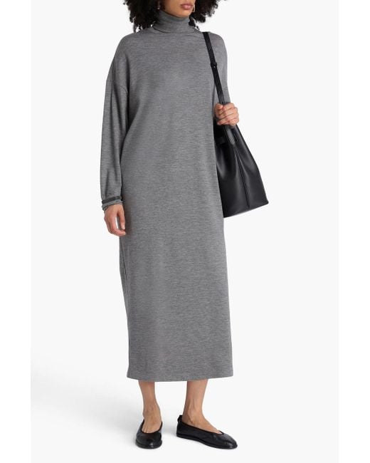 Brunello Cucinelli Gray Midikleid aus jersey aus einer wollmischung mit stehkragen und zierperlen
