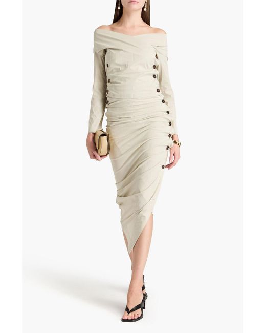 Philosophy Di Lorenzo Serafini Natural Off-the-shoulder Striped Crepe Wrap Top